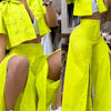 [Vibrant Yellow Set] Two-Piece Vibrant Yellow Women's Casual Set - Short Sleeve Button-Up Shirt & High-Waist Wide-Leg Pants with Thigh-High Slit, Polyester, Machine Washable
