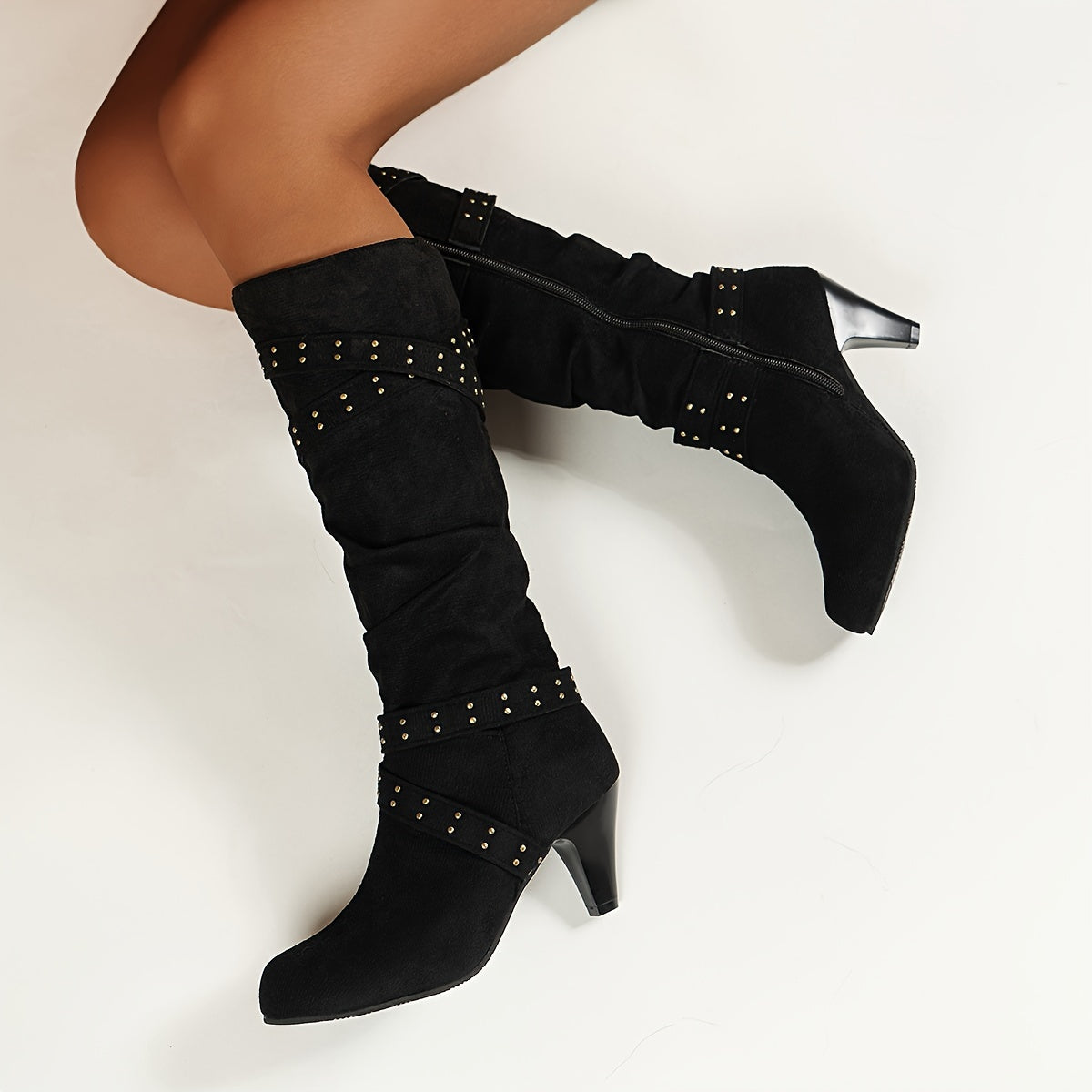 Women's Embellished Knee-High Boots with Block Heel, Mid Heel Height, Zipper Closure, Plain Toe Style, European Special, Fabric Upper, Lining & Insole, PVC Sole