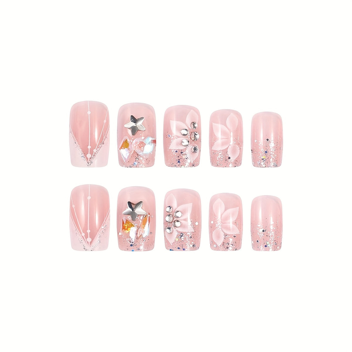 24pcs Elegant French White Glitter Flower Short Square Press-On Nails with Jelly Adhesive Tabs & Nail File - Nude & Fair Tone, Glossy Finish, Wearable Artificial Nail Set, Nail Art Decor|Floral Nail Design|Shiny Finish, Nail