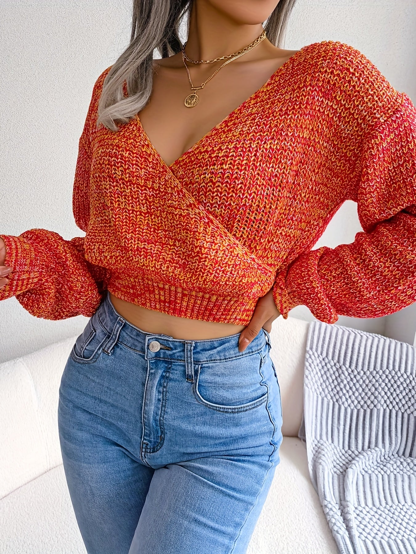 Vibrant Ombre Crisscross Knit Crop Top - Sexy Deep V-Neck, Medium Stretch, Mid Elasticity, Acrylic Fabric, Winter Season, Knit Fabric Weaving - Womens Fashionable Clothing for Fall and Winter