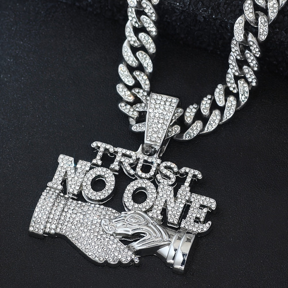 1pc Trust No One Pendant Necklace for Men & Women - Edgy Hip-Hop Cuban Link Chain with Rhinestone Accents, Bold Statement Jewelry Gift for Birthdays, Father's Day, Mother's Day, Statement Necklace | Luxury Pendant | Highquali
