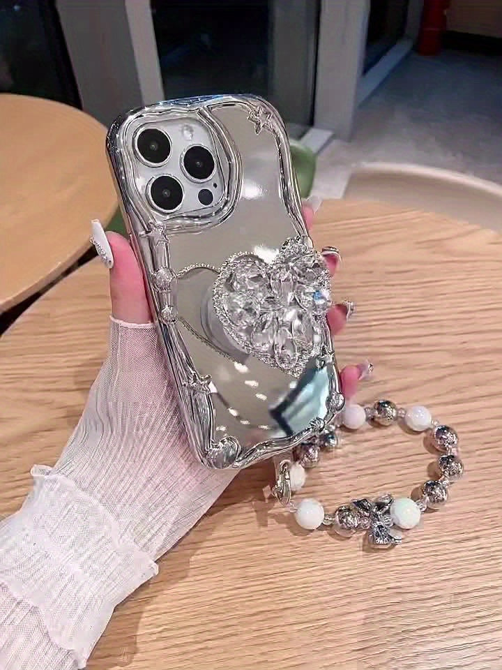 Rhinestone iPhone Case Bracket - Silvery Mirror Love Phone Bracelet