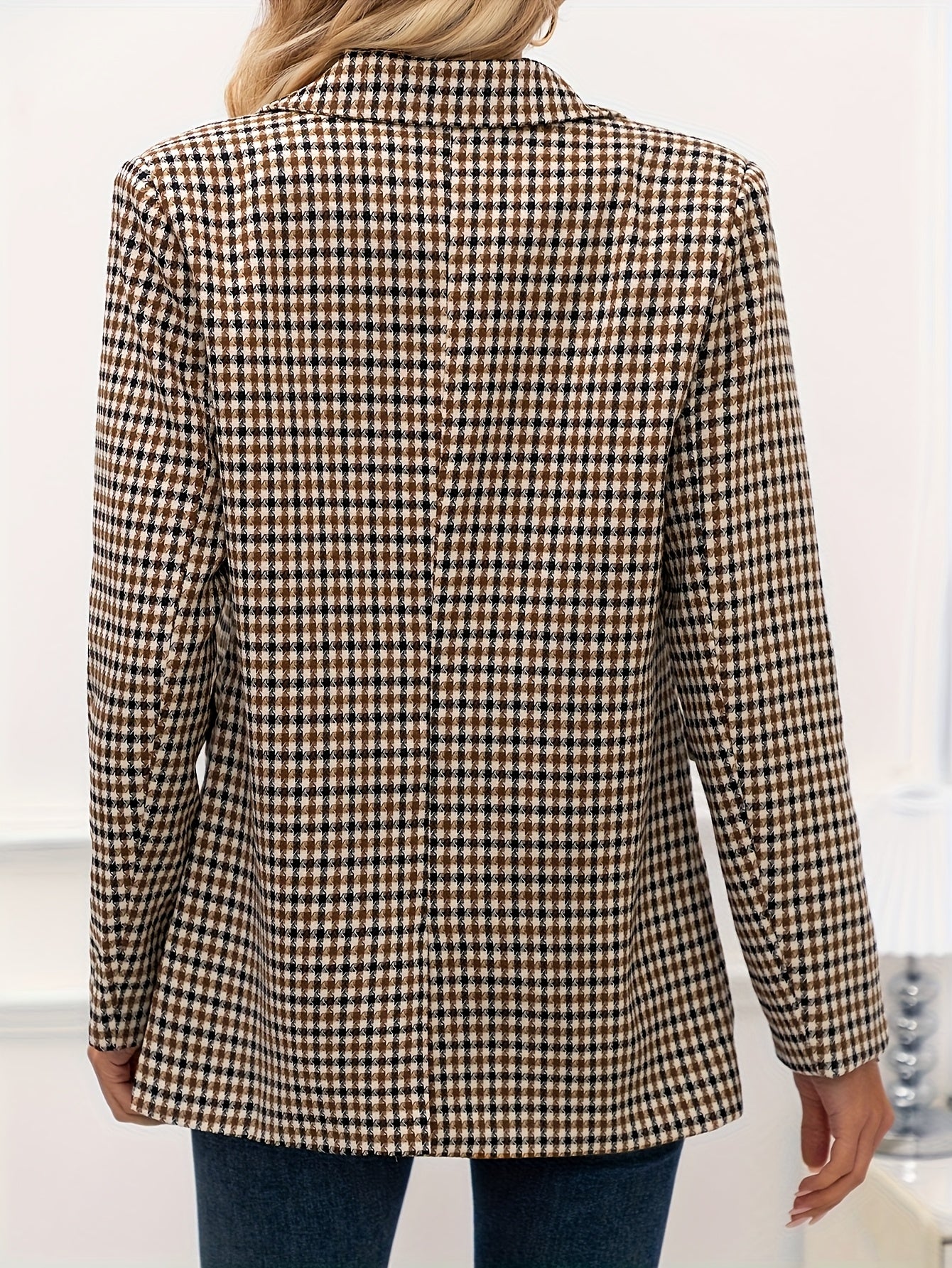 Elegant Women'S Vintage Plaid Long Sleeve Double-Breasted Blazer - Polyester, Regular Fit, All-Season Jacket with Lapel Collar and Button Closure, Jacket for Ladie