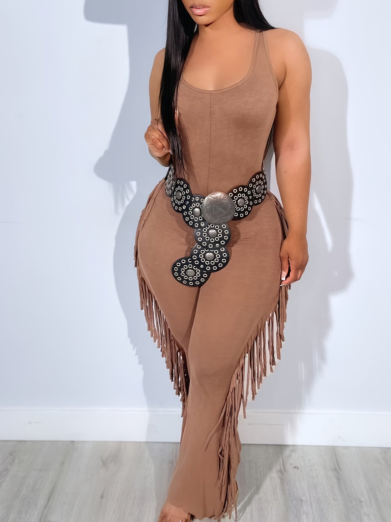 Women'S Casual Brown Fringe Jumpsuit - Comfortable Sleeveless Unitard with Tassel Details, All-Season Wear, Adult Size, Casual Attire | Fringe Detailing | Sleeveless Jumpsuit