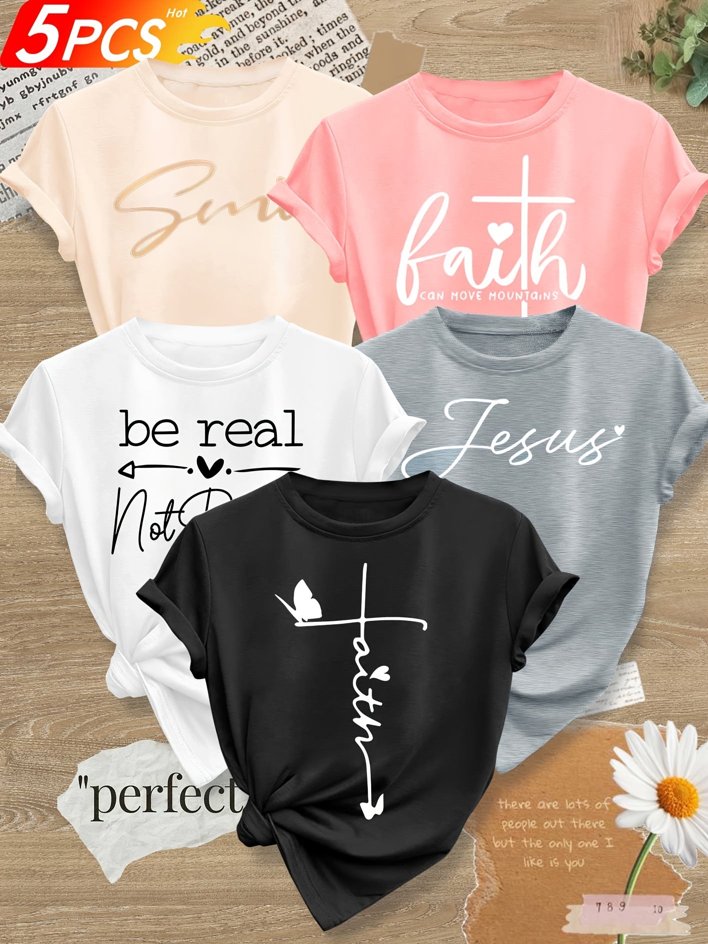 A Set of 5 Stylish Vintage Graphic Letter Pattern T-Shirts for Women, Suitable for Spring, Autumn, And Summer, Featuring a Round Neck And Short Sleeves, Available in Multiple Colors from S to XXL.