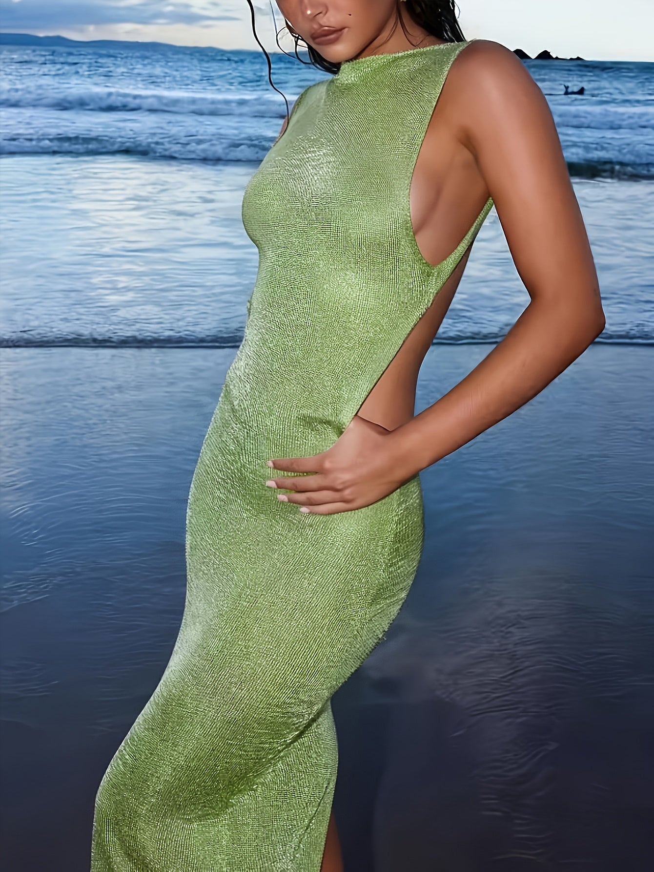 Sleeveless Backless Split Thigh Maxi Dress - Sexy Beachwear for Women, High Stretch Elegant Bodycon Style, Perfect for Summer Outings and Romantic Getaways, Vacation Dress | Stylish Evening Wear | Textured Fabric