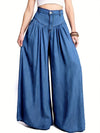 Solid Color Loose Pleated Women's Denim Bell Bottom Pants