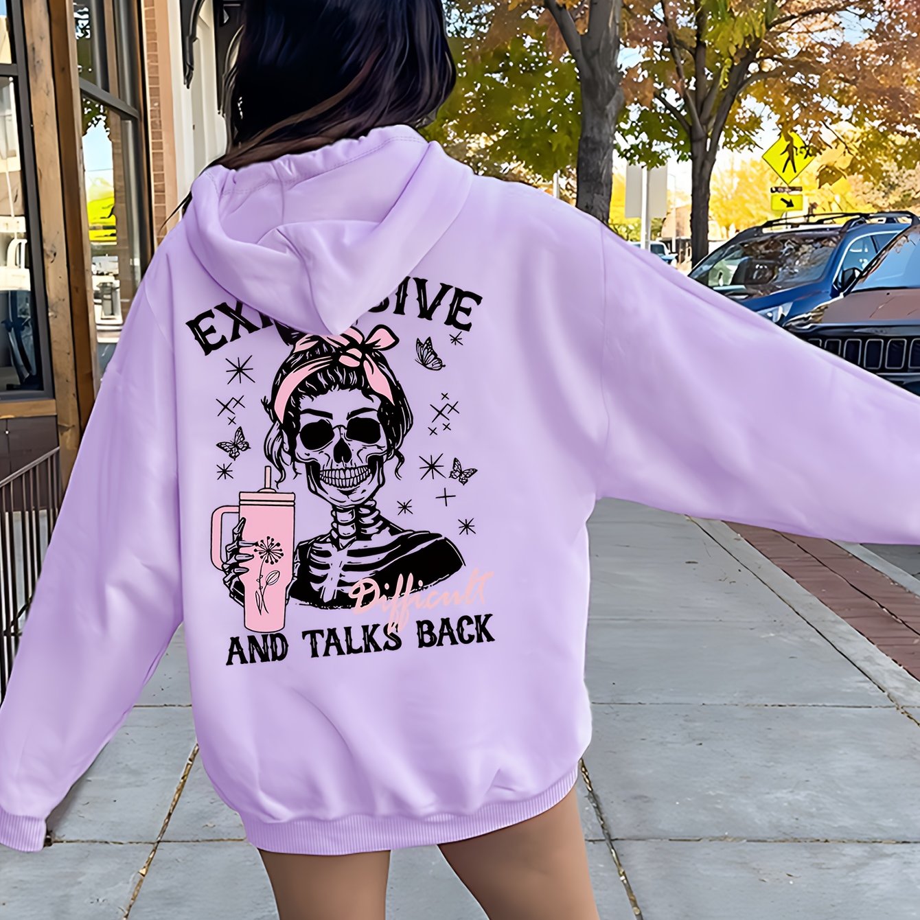 Women's Trendy Skull Print Hoodie - Casual Pullover with Kangaroo Pocket, Long Sleeve, Machine Washable Polyester