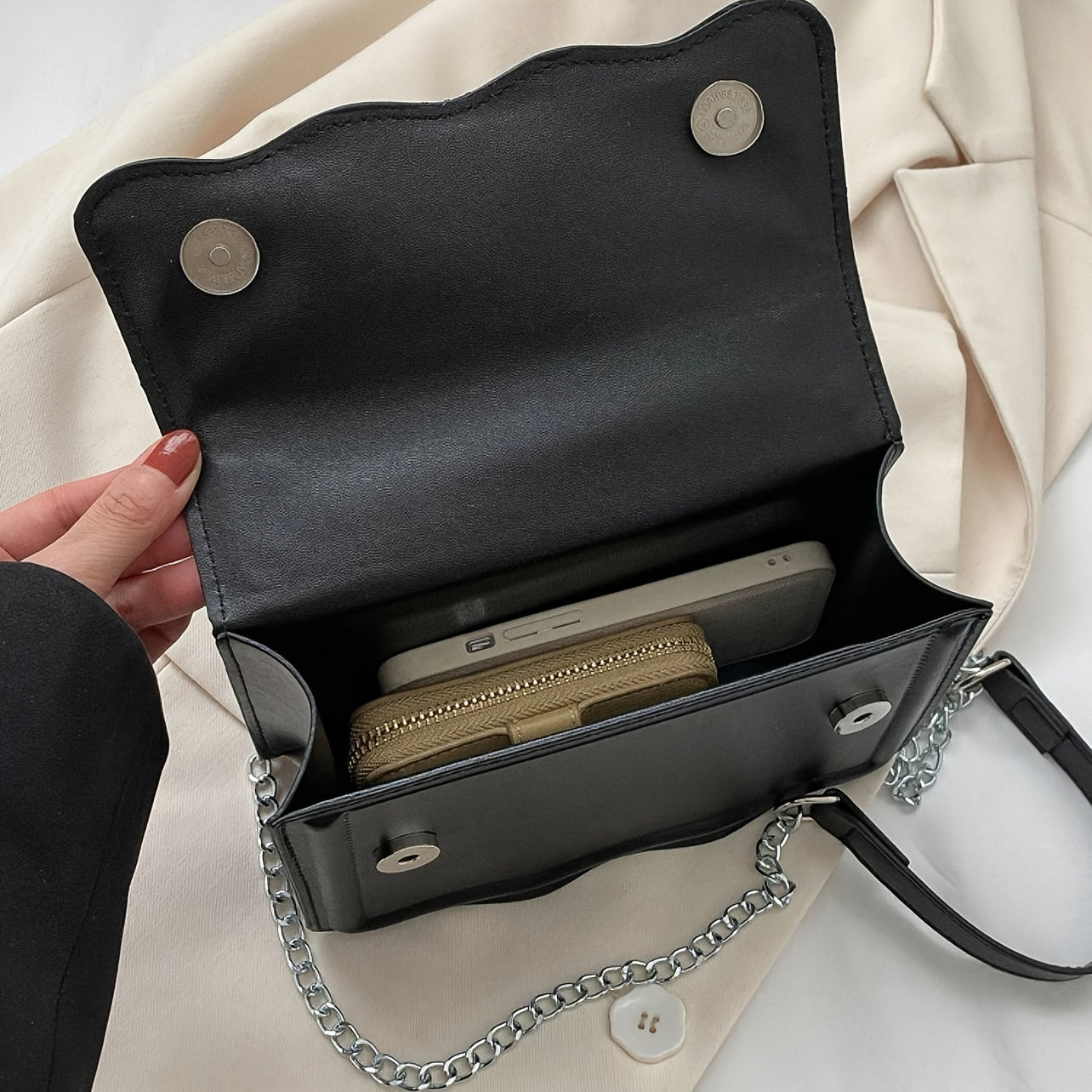 Elegant Mini Messenger Bag for Women: Magnetic Closure, Scallop Design, Chain Strap, Faux Leather Lining, Solid Color