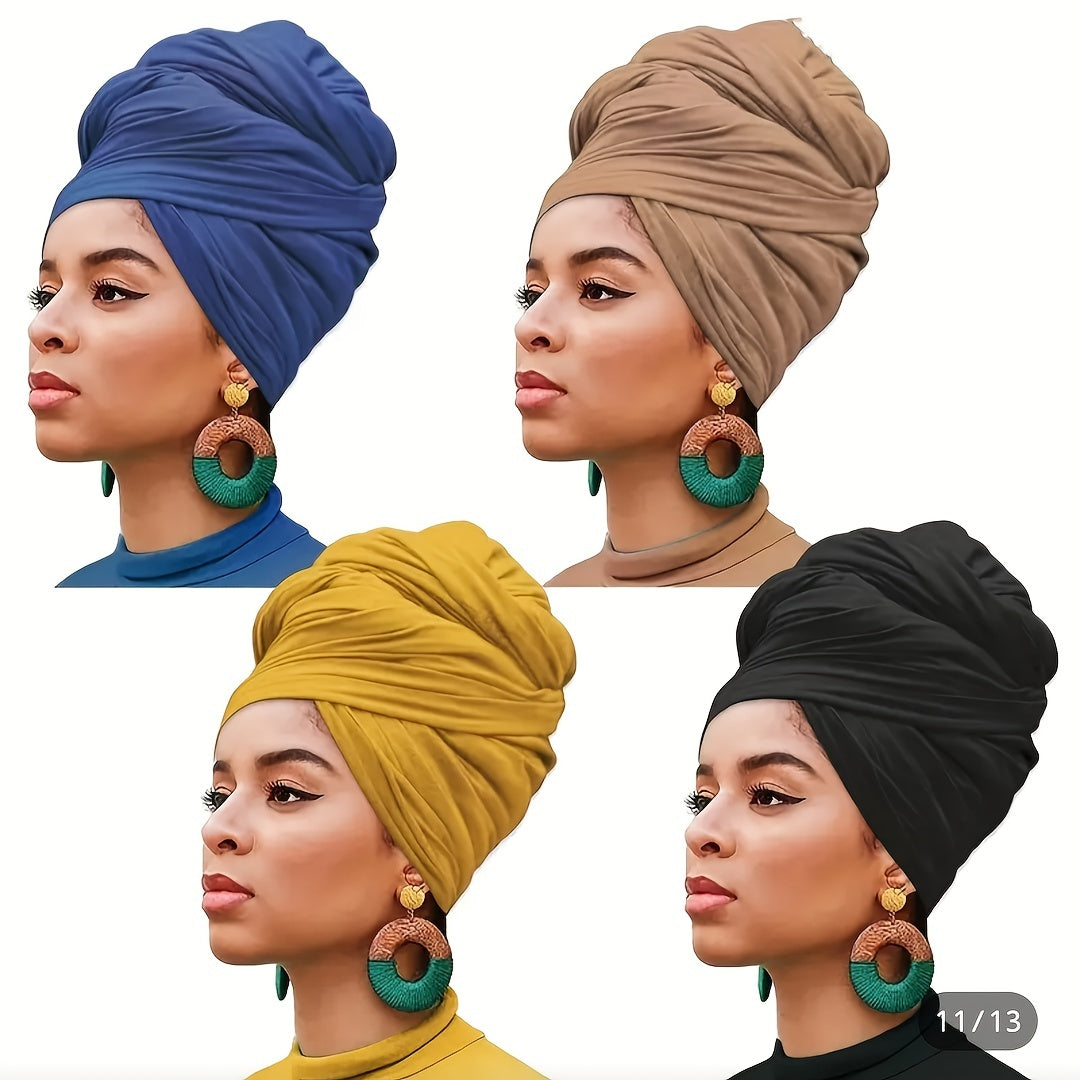 Set of 4 Bohemian Style Pleated Head Wraps, Elegant Solid Color Turban Caps, Breathable And Ultra Soft Extra Long Headbands for Women
