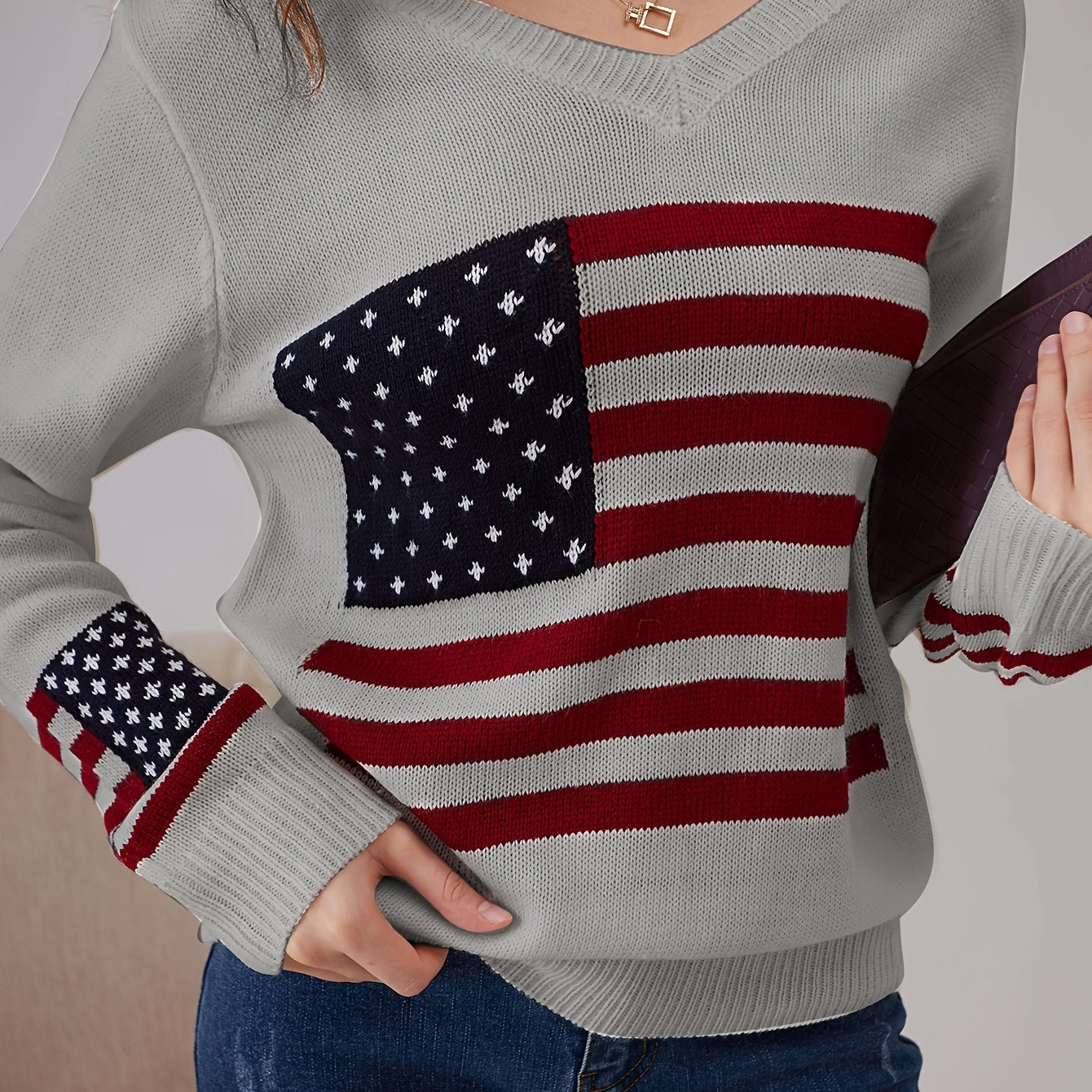 American Flag Print V Neck Sweater, Casual Long Sleeve Sweater For Spring & Fall, Women's Clothing