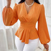 1pc Elegant V-Neck Long Sleeve Blouse for Women, 100% Polyester Asymmetrical Hem Shirred Top, Solid Color Lantern Sleeve Shirt, Woven Regular Length, Fashionable for Spring/Fall