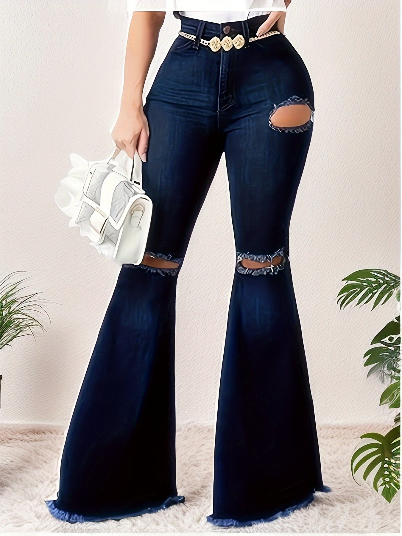Women's High-Stretch Distressed Flared Jeans - Elegant Bell-Bottom Denim Pants with Geometric Pattern & Frayed Hem, Machine Washable All-Season Casual to Dressy Wear, Ladies Jeans, Versatile Clothing, Trendy Fashion, Durable