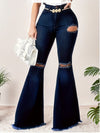 Women's High-Stretch Distressed Flared Jeans - Elegant Bell-Bottom Denim Pants with Geometric Pattern & Frayed Hem, Machine Washable All-Season Casual to Dressy Wear, Ladies Jeans, Versatile Clothing, Trendy Fashion, Durable