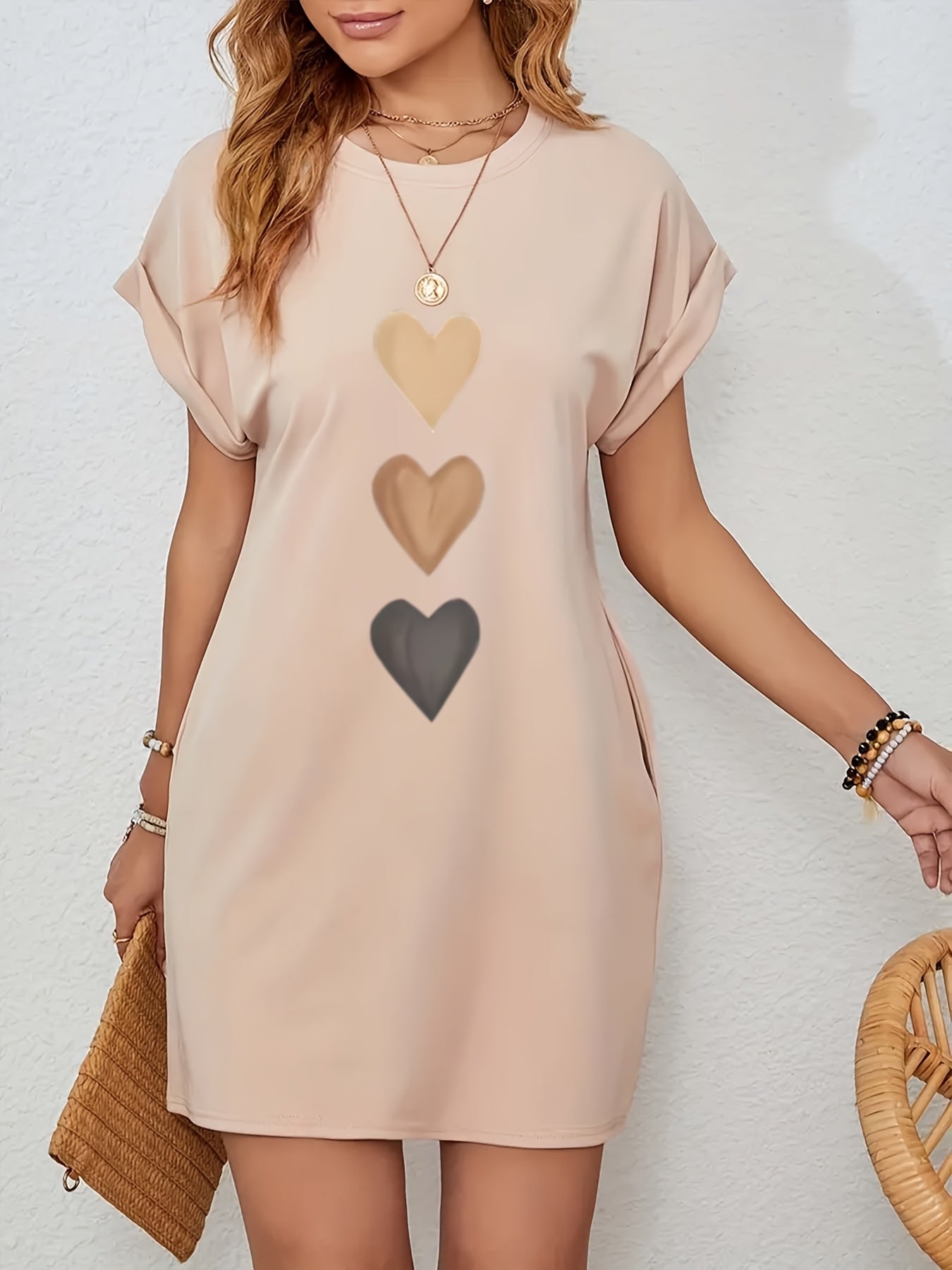 Everyday Women's Casual Heart Print Batwing Sleeve Dress with Hidden Pockets - Beige Color, Polyester Fabric, Round Neck, Machine Washable, Spring/Summer/Fall Style, Cozy Long Sleeve Knitted Dress