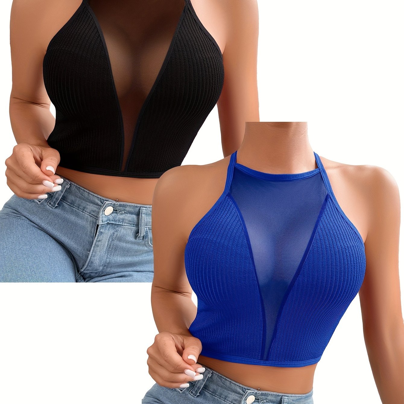 2pcs Elegant Mesh Halter Tank Tops for Women - Sleeveless, Backless with Cross-Neck Straps, Ribbed Texture, Versatile Wear as Casual or Layered, Machine Washable, Nylon & Elastane Blend, in Black & Pink