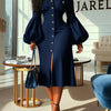 Elegant Women'S Long Sleeve V-Neck Dress - Stretchy Polyester Knit, Button Detail, Lantern Sleeves, Solid Navy Blue, Perfect for Spring/Fall Fashion, Casual Elegance | Lantern Sleeves | Button Detailing