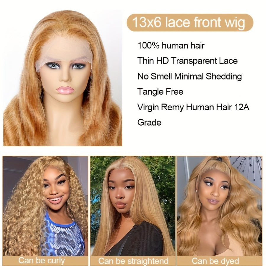 13x6 Honey Blonde Wig Human Hair 180% Density Peruvian Transparent Lace Frontal Wigs Human Hair Pre Plucked With Baby Hair 20-34 Inch Body Wave Wig 27# Colored