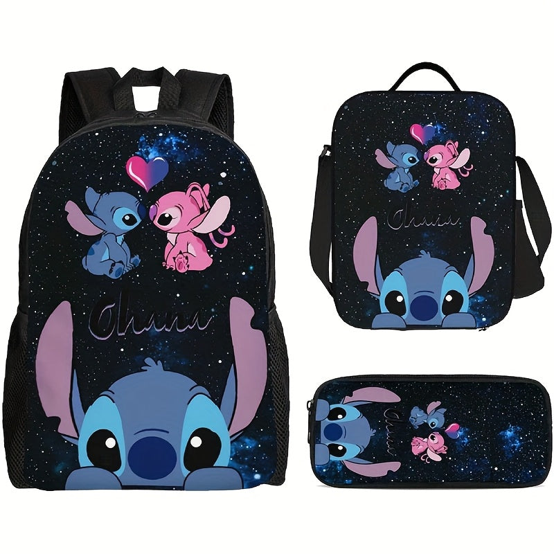 DISNEY Stich 3pcs Backpack Set - Stylish Nylon Backpack with Adjustable Shoulder Strap, Zipper Closure, Tablet Compartment - Includes Lunch Bag And Pencil Case - Lightweight, High Capacity, Hand Wash - Animal Print, Anime The