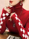 Elegant Red & White Checkered Turtleneck Sweater for Women - Slim Fit, Casual Knit Pullover with Contrasting Trim, Perfect for Fall/Winter