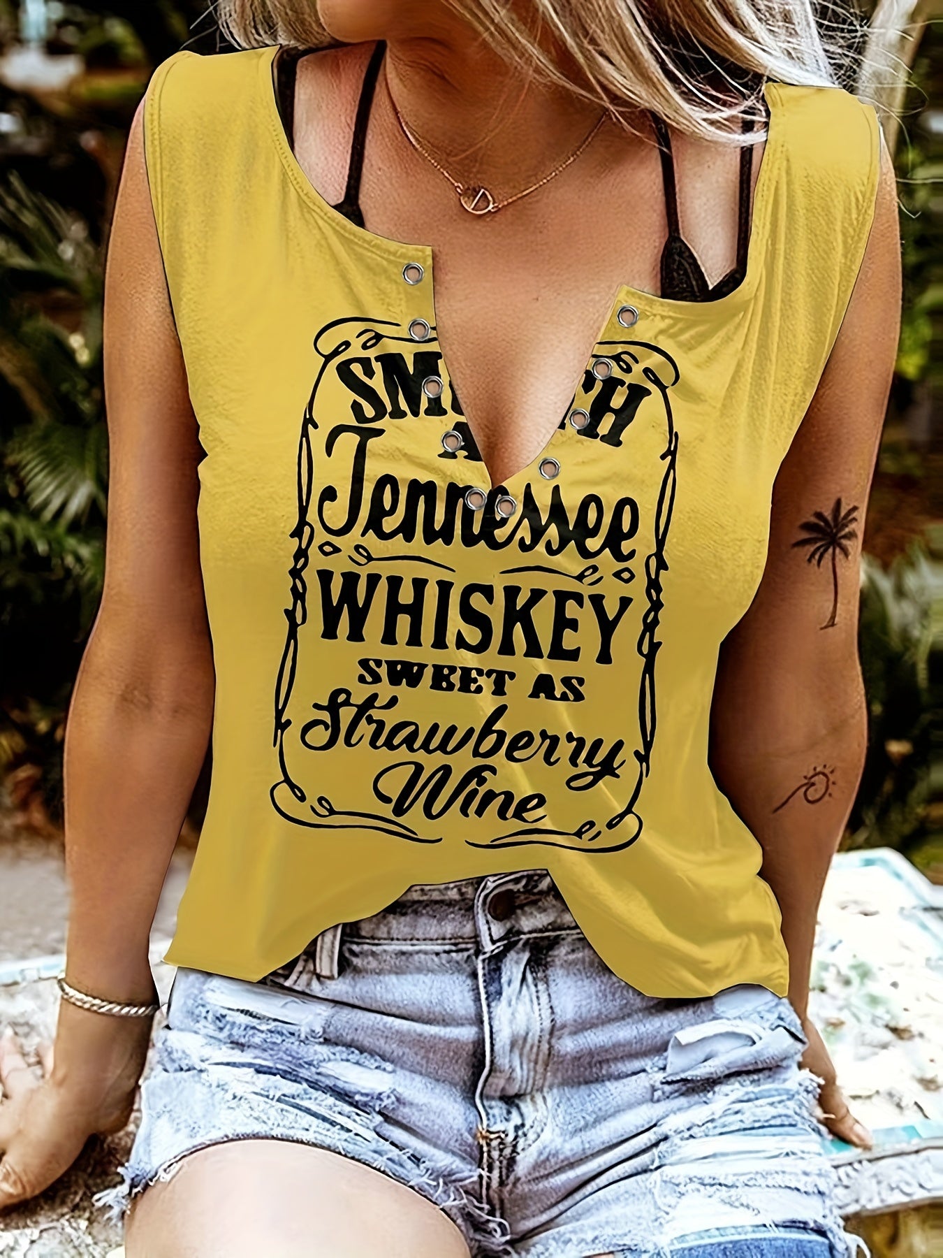 Ladies' Fun Alphabet Print V-Neck Sleeveless T-Shirt - Polyester, Casual Style, Machine Washable, Lightweight & Comfortable for Casual Attire, Ladies T Shirts