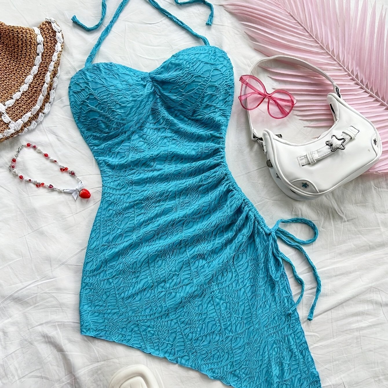 Women's Summer Jacquard Halter Dress with Asymmetrical Hem and Drawstring Detail - Vibrant Teal Blue, Vacation-Ready Wrap Style, Polyester Fabric, Perfect for Beach or Casual Outings, Beach Dress