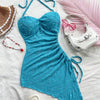 Women's Summer Jacquard Halter Dress with Asymmetrical Hem and Drawstring Detail - Vibrant Teal Blue, Vacation-Ready Wrap Style, Polyester Fabric, Perfect for Beach or Casual Outings, Beach Dress