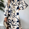 Elegant Women'S Long Sleeve Geometric Print Dress - 100% Polyester Cardigan Collar Midi - Patchwork Design Shirt Dress for Spring/Fall