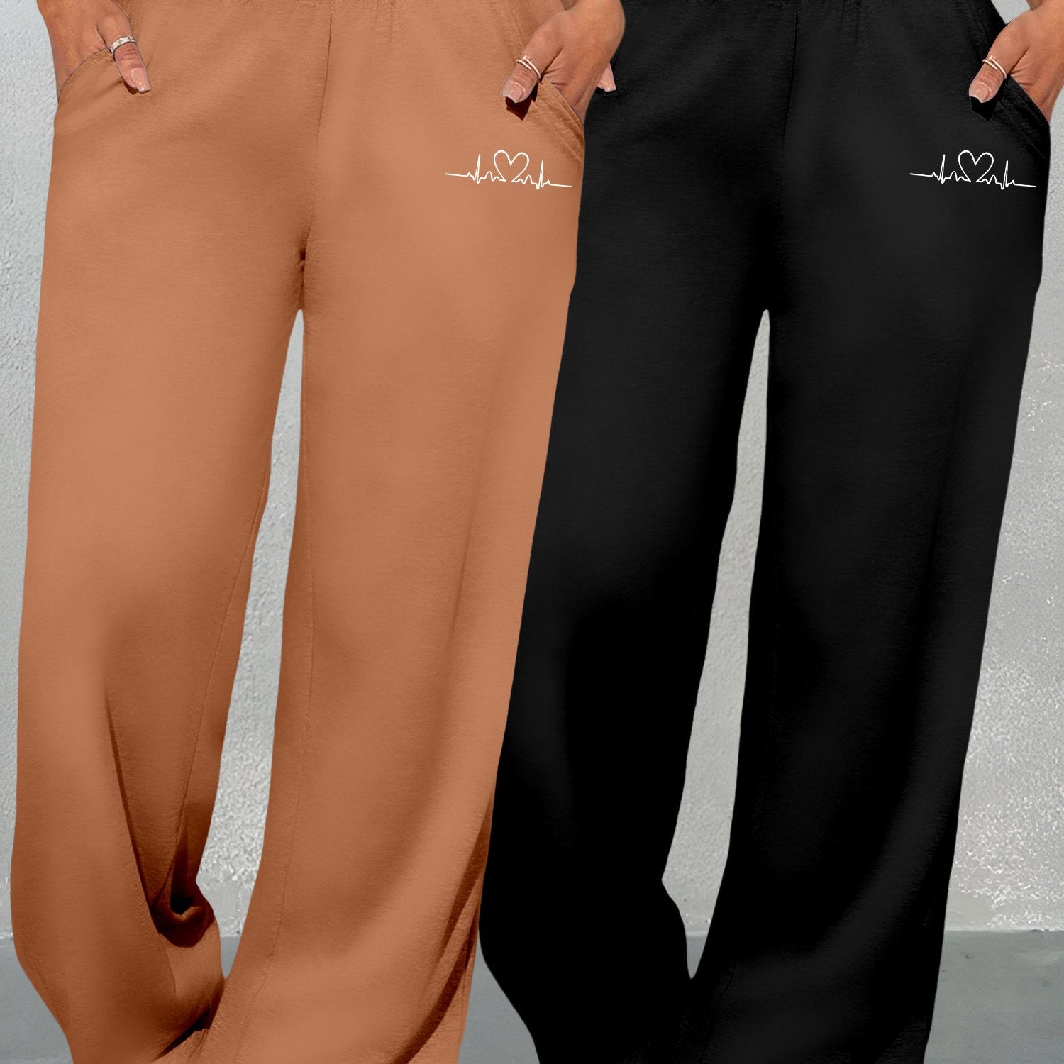 K6 Two-piece Women's Clothing Set with Geometric Pattern & Love Print Wide Leg Pants Loose Pocket Sweatpants Versatile High Waist Casual Long Pants