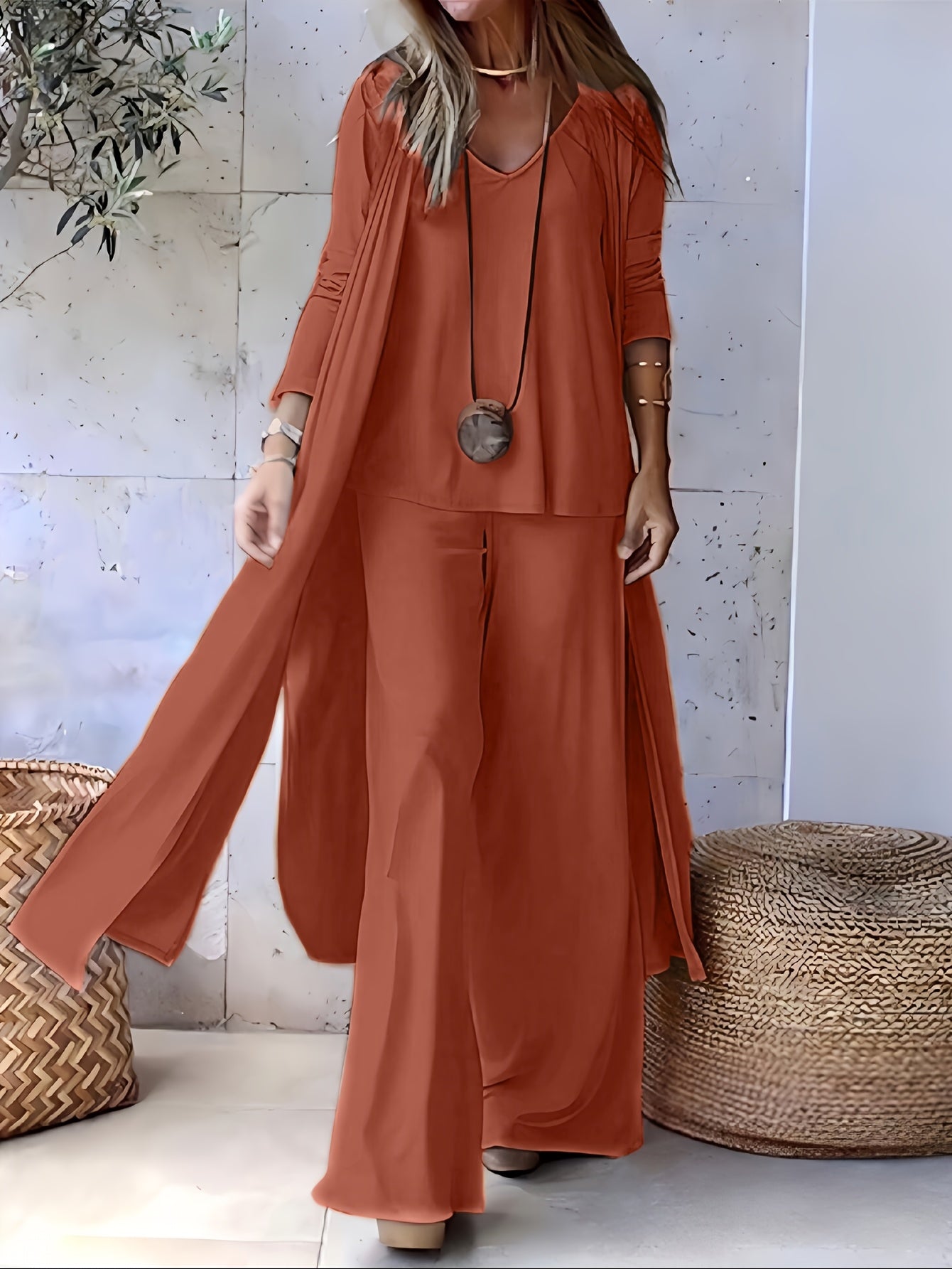 Casual and Fashionable Simple Solid Color with Draping Sensation Sleeveless V-Neck Cardigan with Long Sleeves and Extra Long Side Slits Knitted Cardigan with Elastic Waist and Wide Leg Trousers