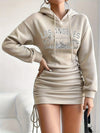Palm Tree Letter Hooded Bodycon Dress - Drawstring Waist, Mid-Elastic Polyester, Casual Fall & Winter Wear, Alphabets Pattern, Positioning Printing, Knit Fabric - Womens Fashionable Clothing for Adults