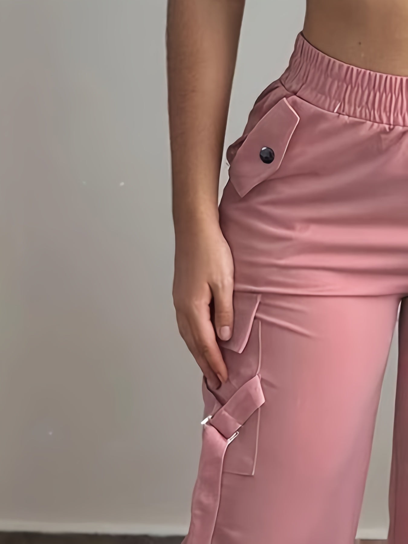 Women'S Casual Solid Color Polyester Cargo Pants, High Waist, Relaxed Fit, All-Season, with Pocket, 150g/m² Fabric Weight, for Adult