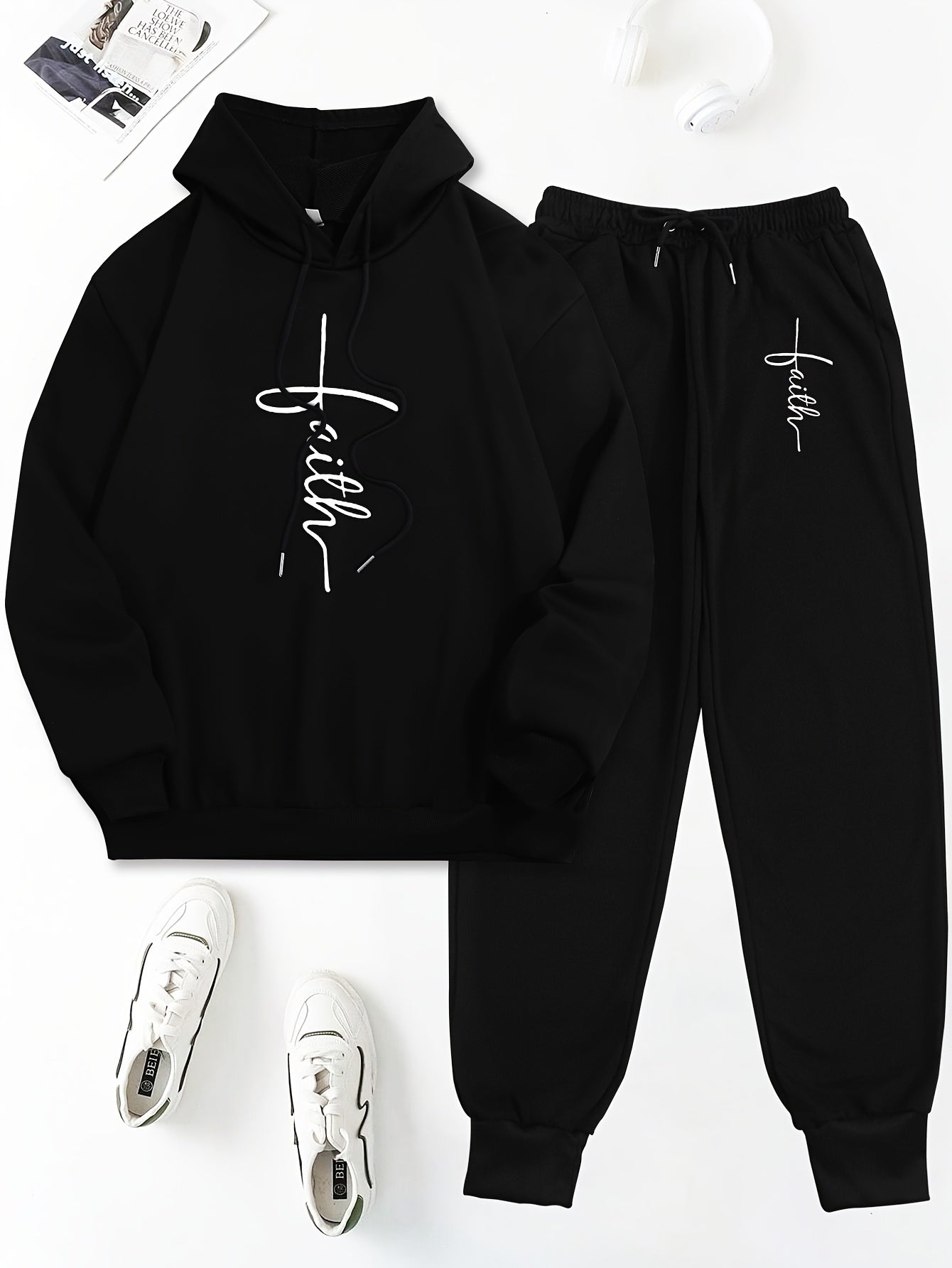Women's 2pcs Casual Set - "Faith" Printed Hoodie & Jogger Pants, Long Sleeve, Polyester, Machine Washable, with Pockets - Perfect for Spring/Fall