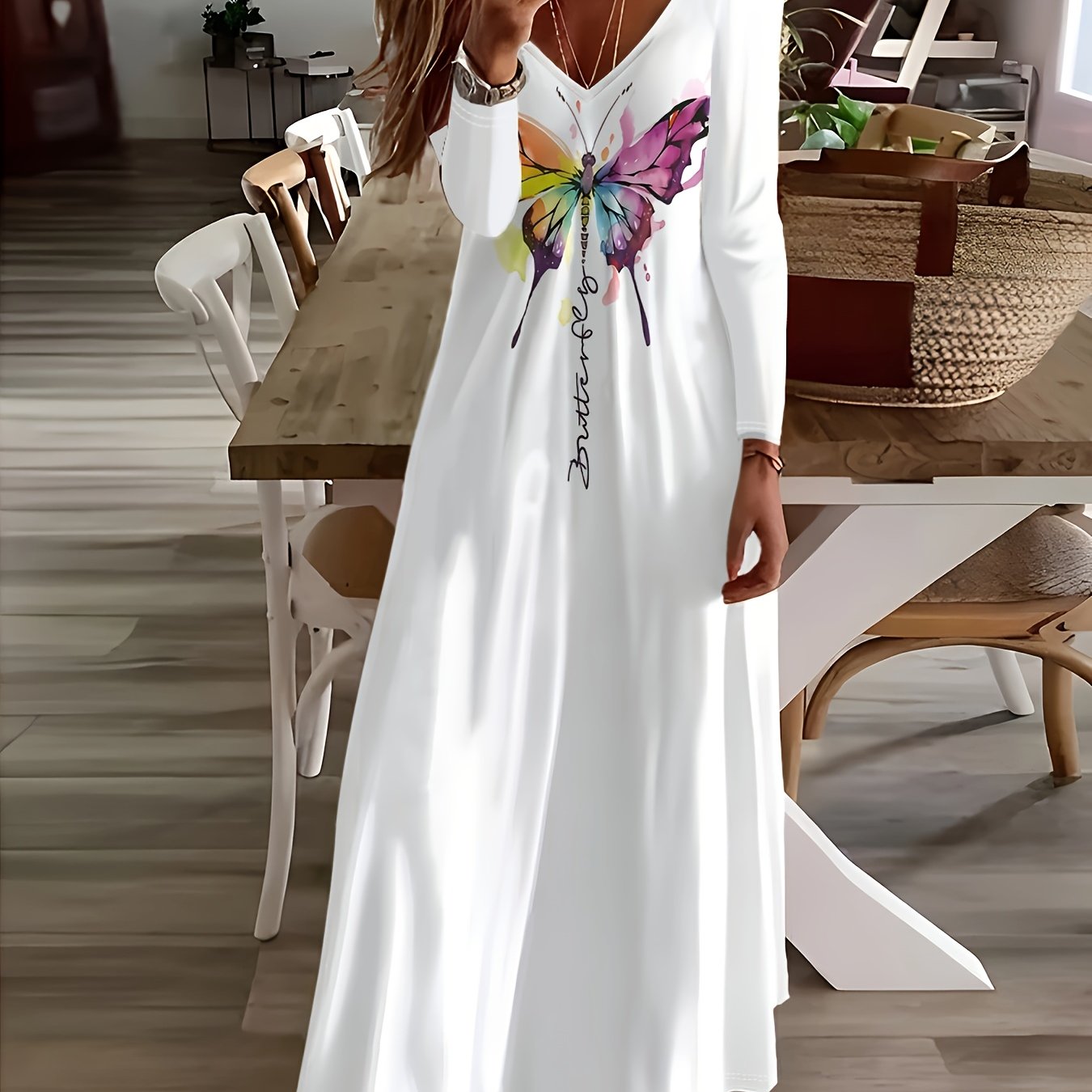 Vibrant Butterfly Print V-Neck Long Sleeve A-Line Maxi Dress - Flattering Vacation Style for Spring & Fall, Comfortable Women's Clothing with Relaxed Fit