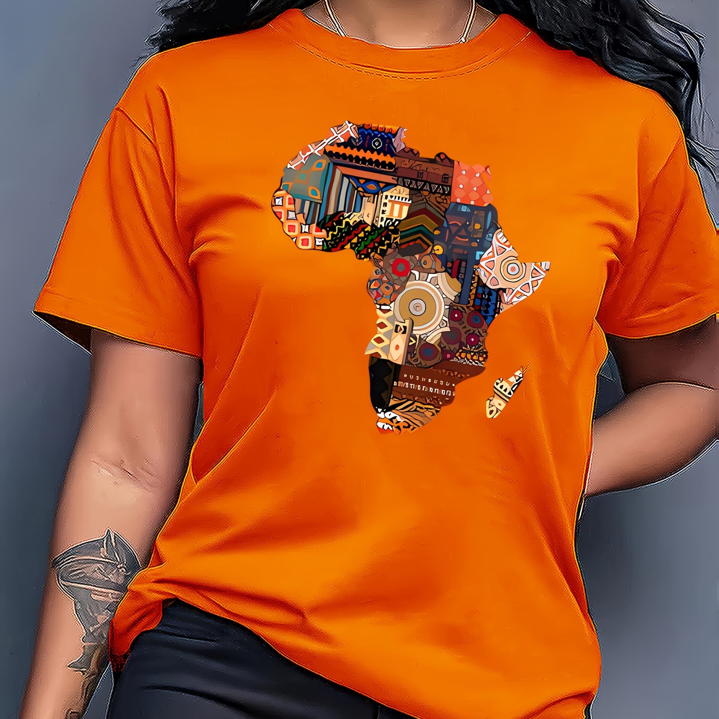 Women's African-Inspired Patchwork Print Casual Short Sleeve T-Shirt - Vibrant Red Round Neck Top with Cultural Motifs, Medium Stretch & Machine Washable for Spring/Summer, Casual Attire, Comfortable Fabric