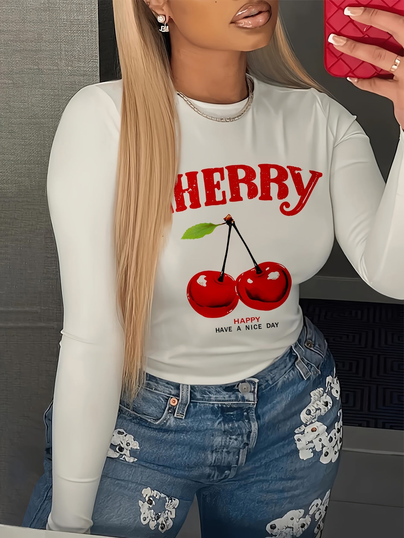 Cherry Print Crew Neck T-Shirt, Casual Long Sleeve Top for Spring & Fall, Women's Clothing