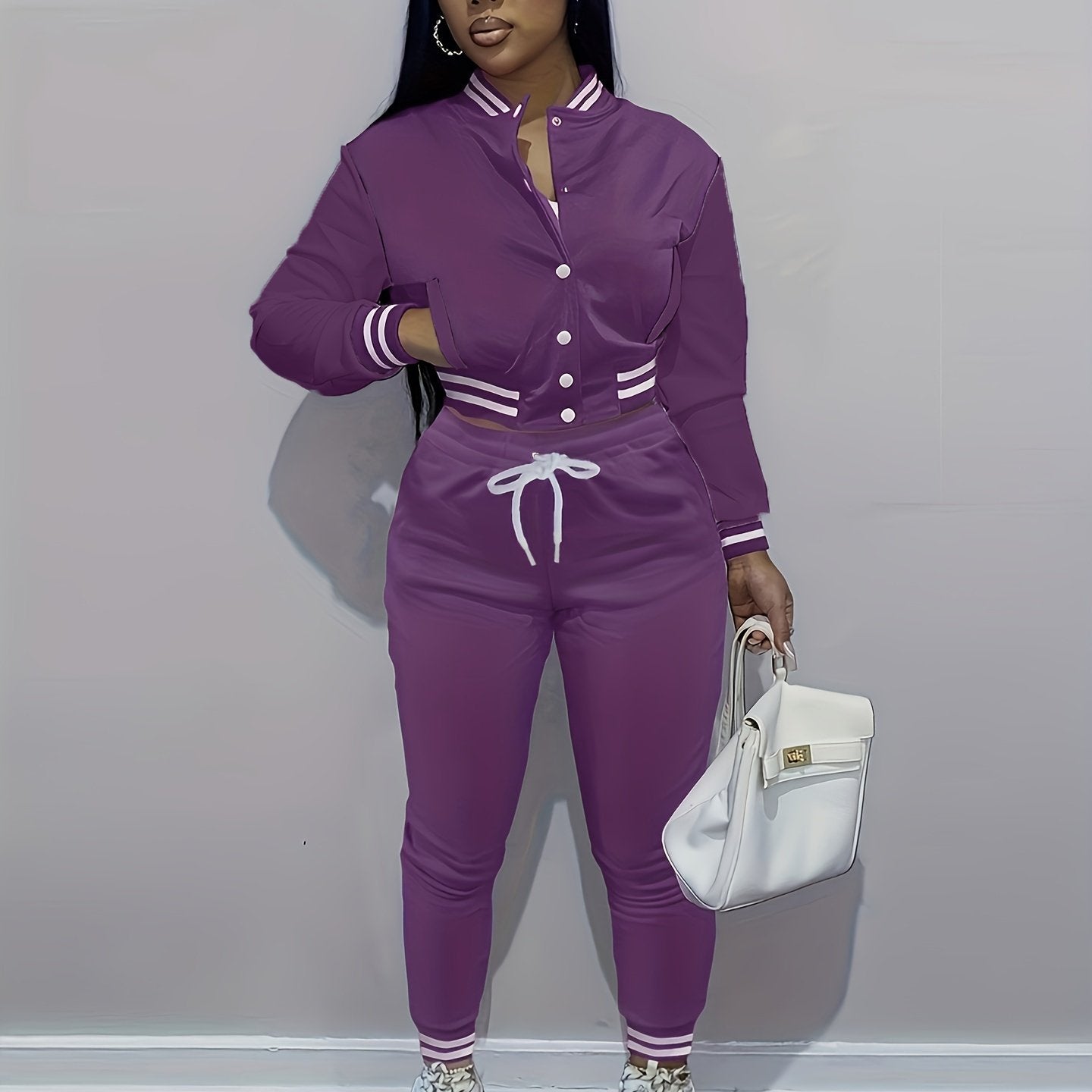 Casual Two-piece Set, Button Front Bomber Jacket & Drawstring Pants Outfits, Women's Clothing