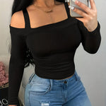 Women's Casual Fashion Long Sleeve T-Shirt with Ribbed Strap Detail, Polyester Knit Fabric, Square Neckline, Solid Color, Regular Length - Perfect for Fall/Winter Vacation Style