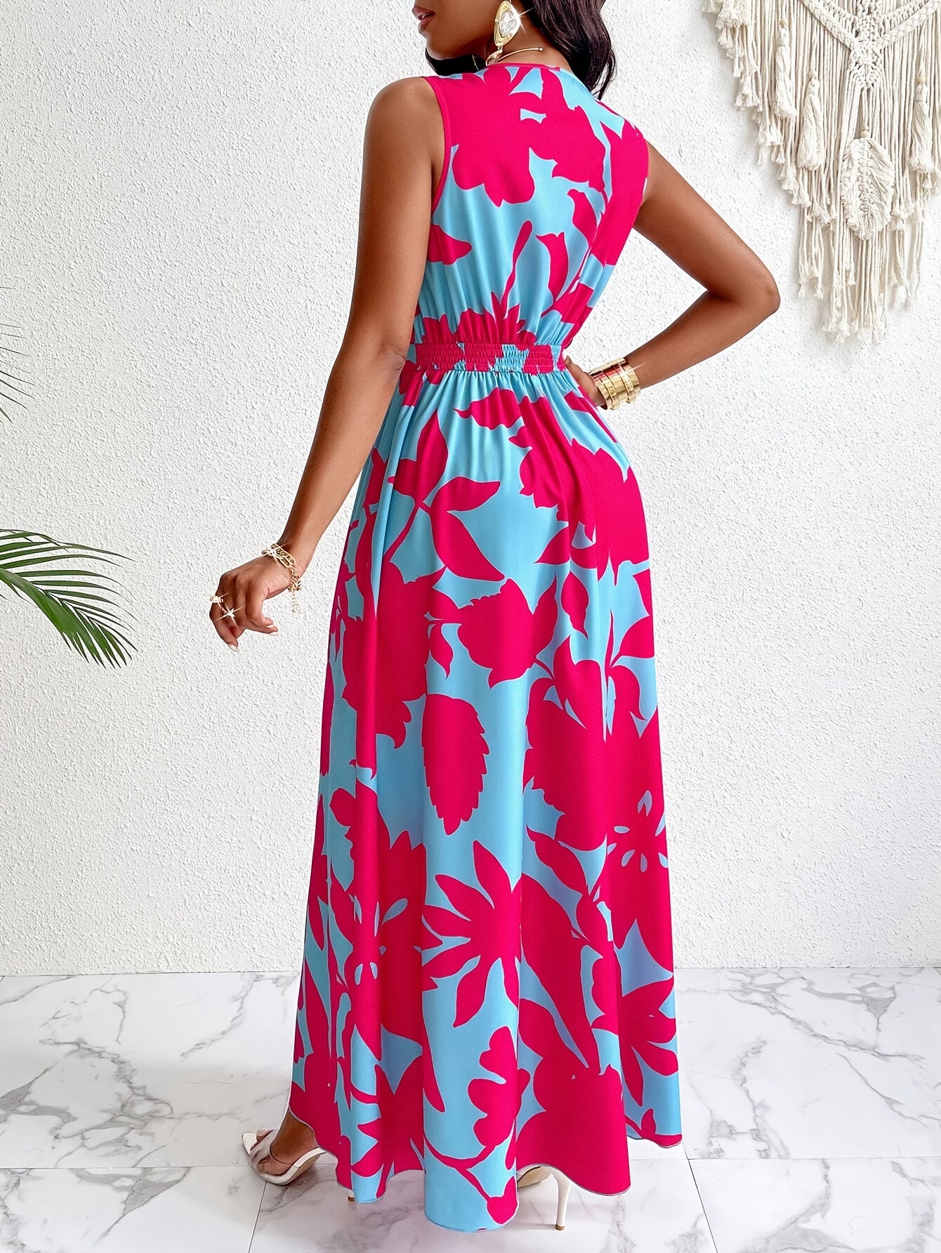 Women's Tropical Print V-Neck Flared Maxi Dress with Cinched Waist - Vibrant Red & Blue Floral Design, A-Line Silhouette, Polyester Fabric, Perfect for Vacation or Casual Outings, Vacation Wear|Flowing Skirt Style|Smooth Glos