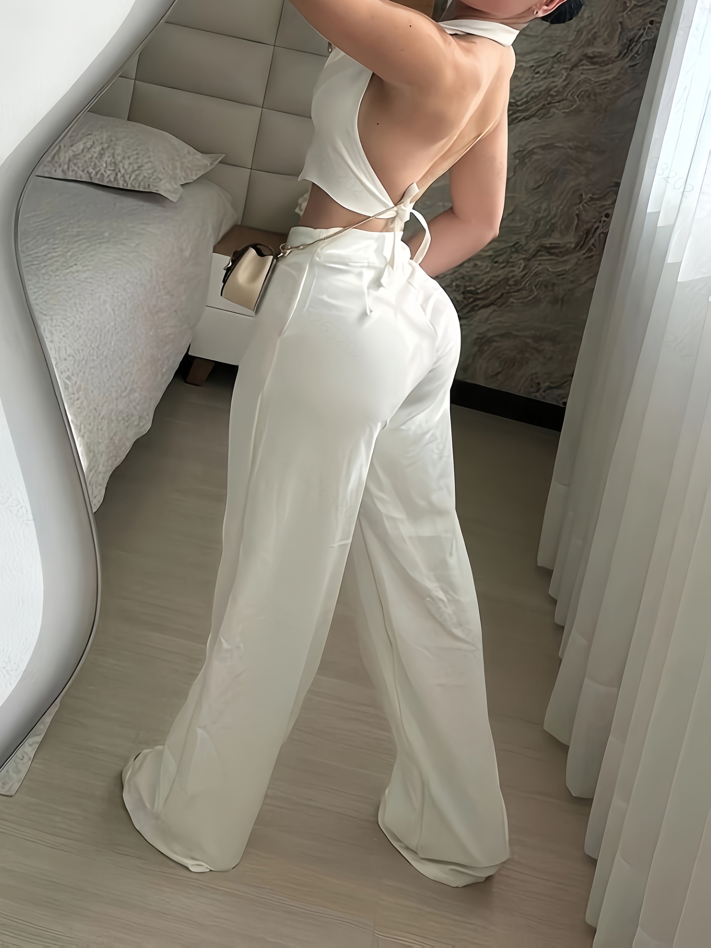 Women's Elegant White Polyester Two-Piece Set: V-Neck Button Crop Top & High-Waisted Wide-Leg Pants - Machine Washable, Chic Casual Style, Versatile Clothing Set|Elegant Twopiece|Tailored Suit