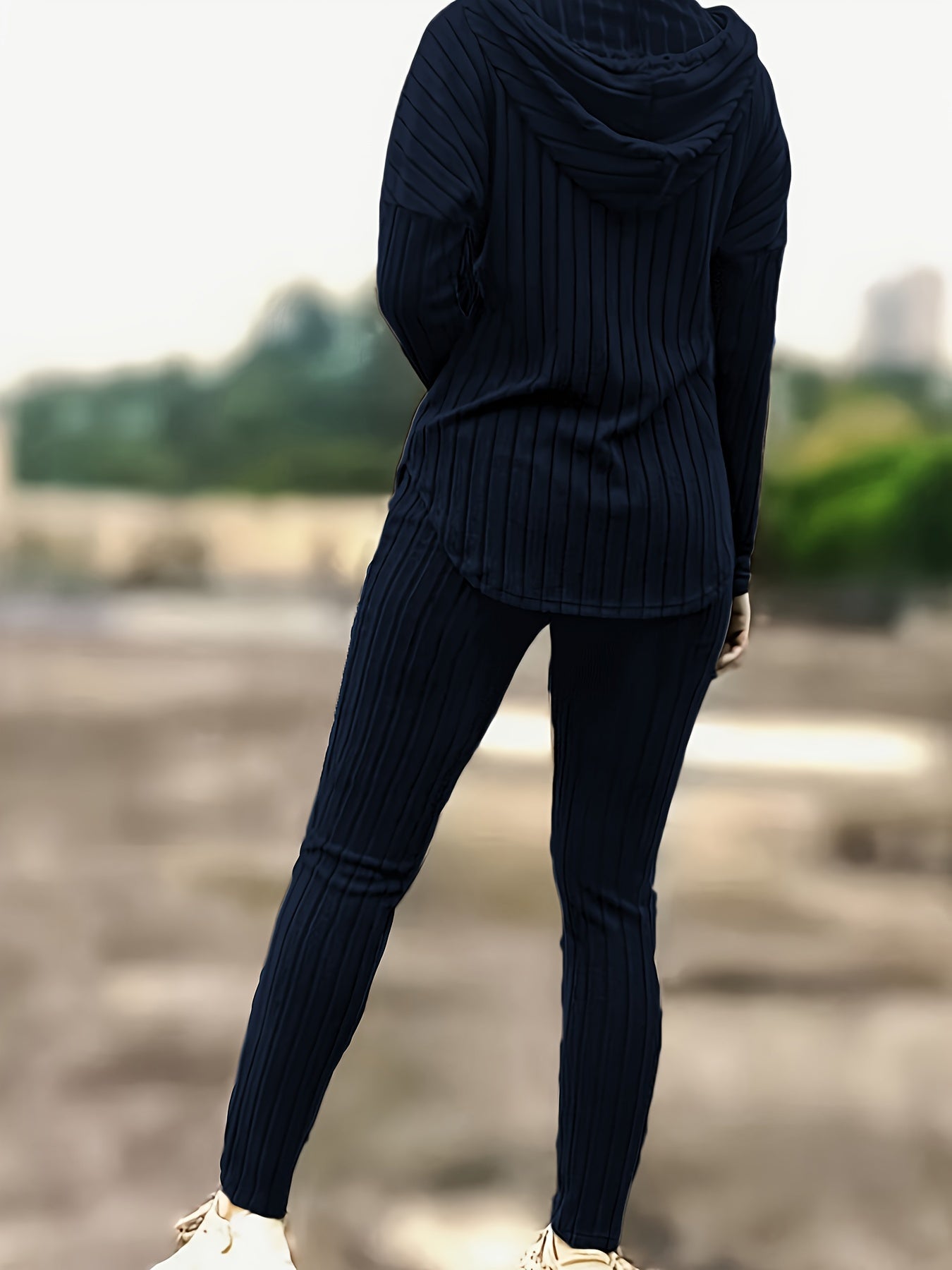 Ribbed Casual Two-piece Set, Long Sleeve Drawstring Hoodie & Slim Pants Outfits, Women's Clothing