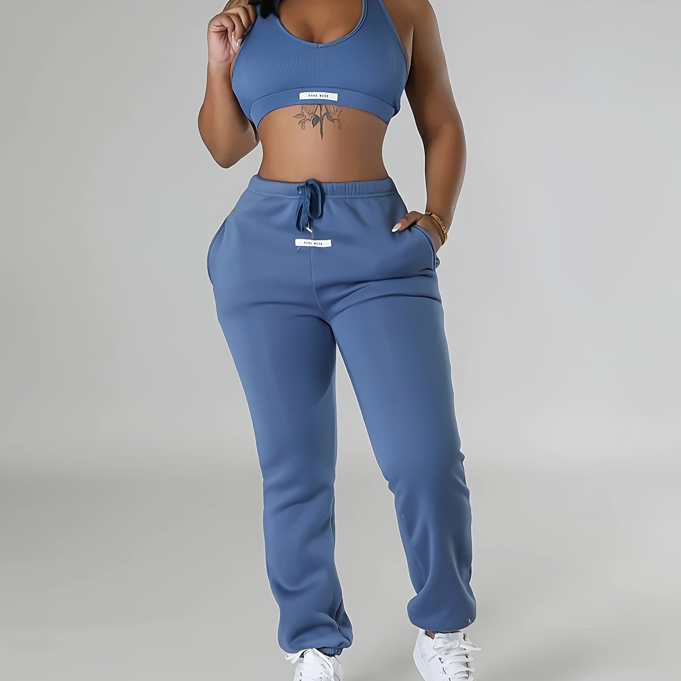 Chic Women's Halter Neck Backless Crop Top & High-Waist Jogger Set - Stretchy Polyester/Spandex Blend, Machine Washable, Casual Solid Color, Perfect for Fall/Winter