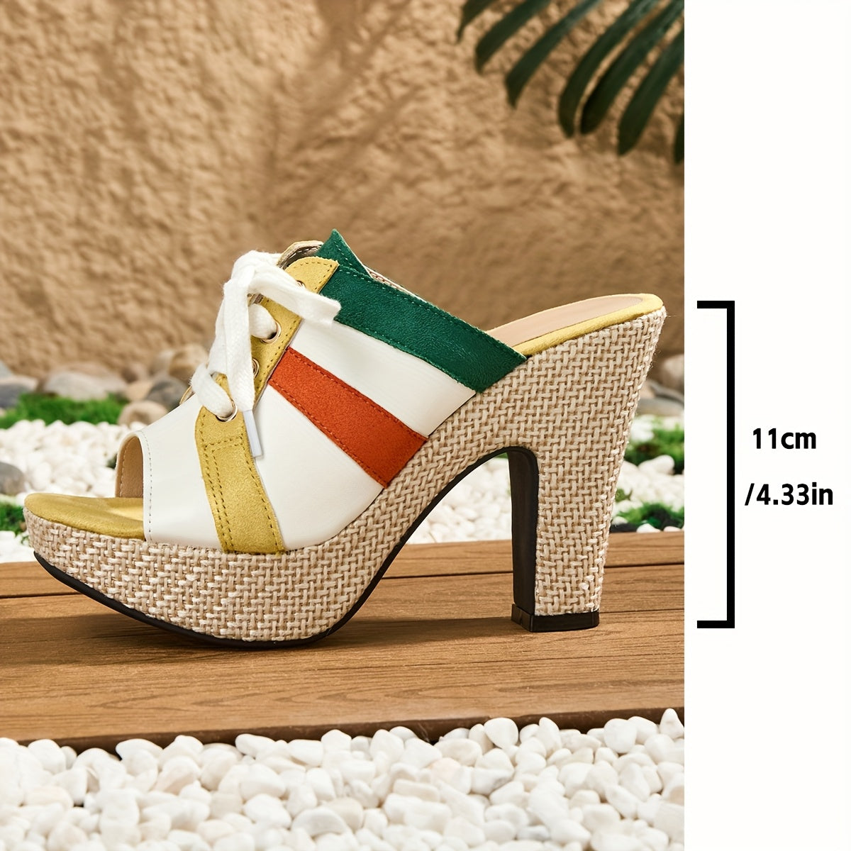 Elegant Women'S Casual Color-Blocked Lace-Up Thick-Soled High-Heeled Waterproof Sandals in a Bohemian Style, Suitable for Work, Leisure, And Professional Parties.
