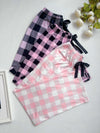 3pcs Elegant Plaid Pajama Set for Women - 97% Polyester, 3% Elastane, Summer Long Pants with Bow Detail, Knit Fabric Lounge Wear