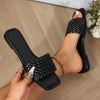 Women’s Chic Black Braided Slide Sandals - Flat Heel, Square Toe, Faux Cover Upper & Rubber Sole - Casual Summer Beach Vacation Shoes with Ankle Strap for Comfort and Style, Casual Slippers | Braided Strap Sandals | Faux Co