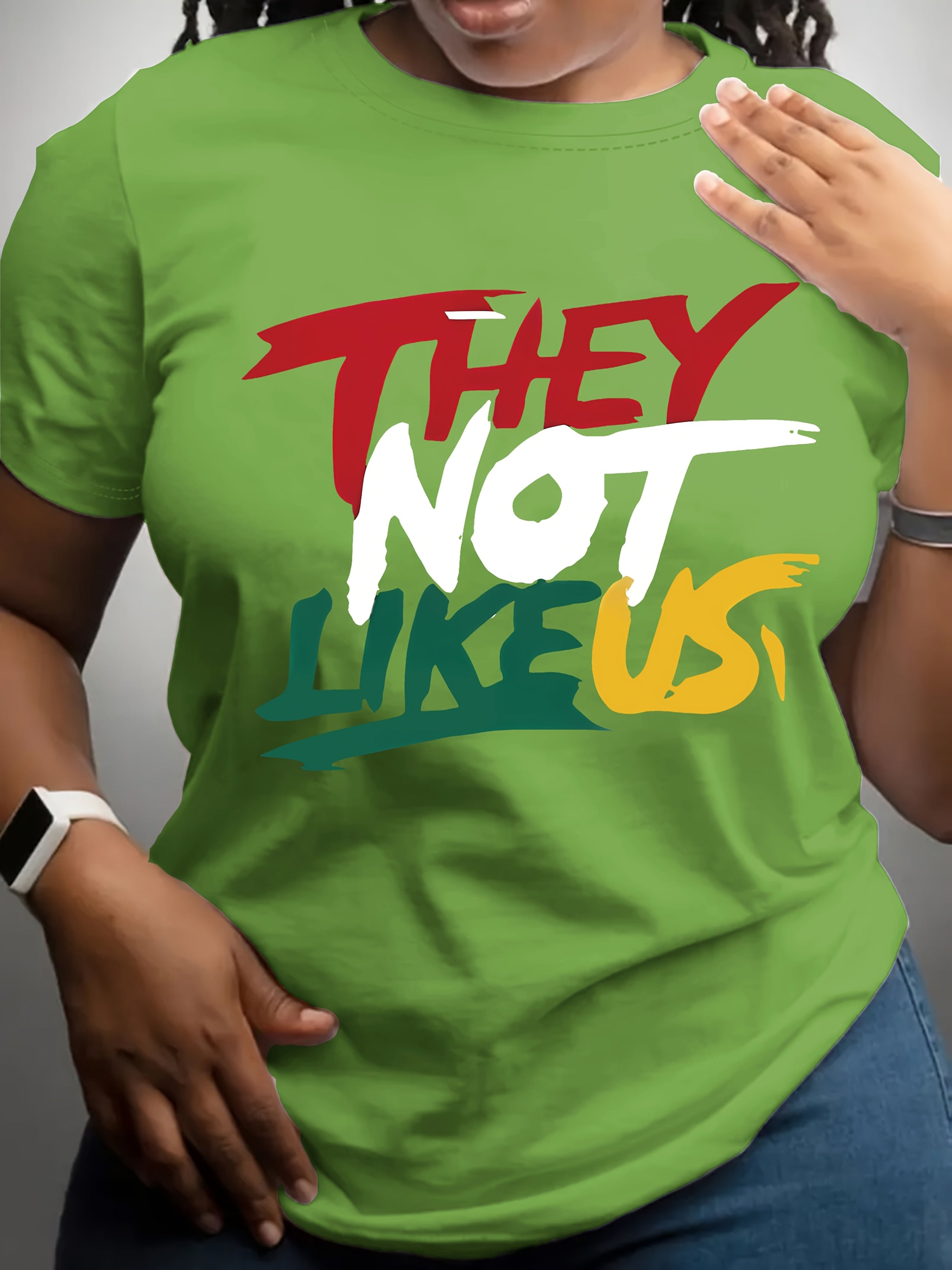 Women's "THEY NOT LIKE US" Bold Letter Print T-Shirt - Vibrant Green Short Sleeve Crew Neck Casual Top, Machine Washable Regular Fit Tee for Spring & Summer