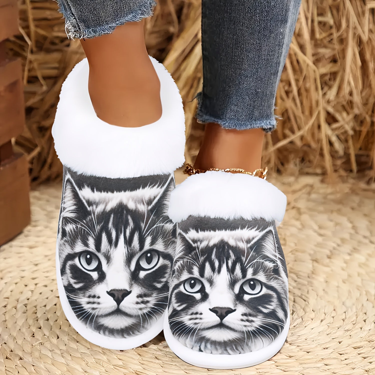 [Cozy Cat Slippers] Cozy Cat Lover's Flannel Slippers - Non-Slip Rubber Sole, Animal Print House Shoes - All-Season Slip-on Indoor/Outdoor Warm Winter Slippers, Machine Washable