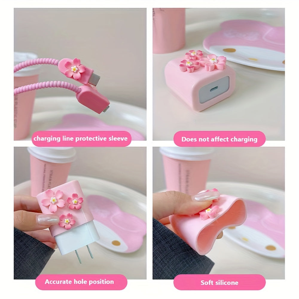 5pcs 3D Pink Floral TPU Charging Cable Saver Protector for iPhone 13/14 Pro Max 20W Chargers - Durable Cable Protector Sleeve Set for Apple Devices