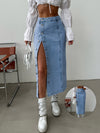 1pc NVFelix Women'S Casual Denim Midi Skirt, Front Button Detail, Solid Color, Non-Stretch, Straight Cut, Woven Fabric, for Spring/Summer/Autumn