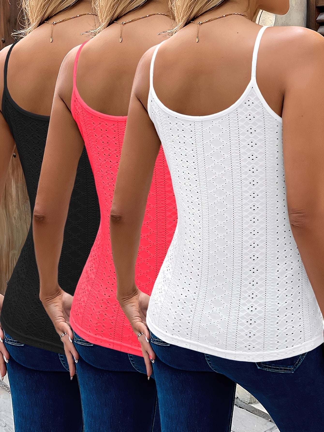 3pcs Knit Textured Lace Appliqué Casual Vacation Women's Camisole Set 379T-2
